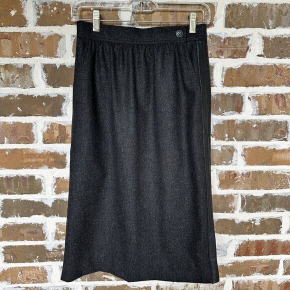 Vintage Escada Midi Skirt A-line Wool Charcoal Gray Leather Trim Size 38 EUC - Picture 3 of 13